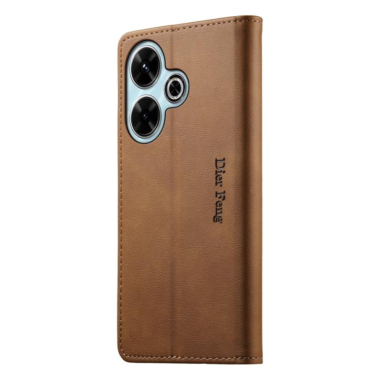 For Redmi 13 / Note 13R / Poco M6 4G Dierfeng Metal Snap Magnetic RFID Vegan Leather Phone Case