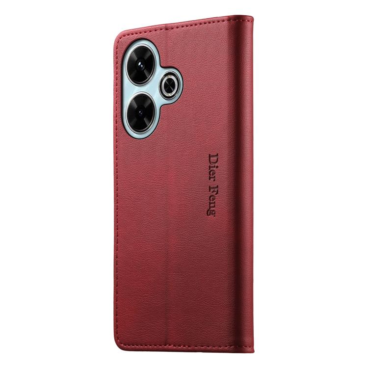 For Redmi 13 / Note 13R / Poco M6 4G Dierfeng Metal Snap Magnetic RFID Vegan Leather Phone Case