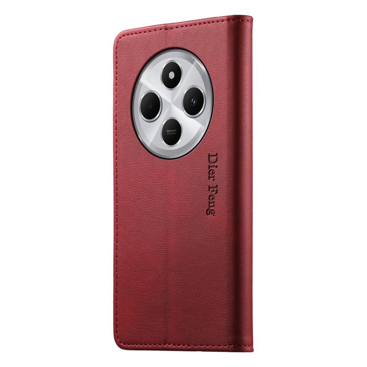 For Redmi 14C 4G / 14R / A4 5G Dierfeng Metal Snap Magnetic RFID Vegan Leather Phone Case