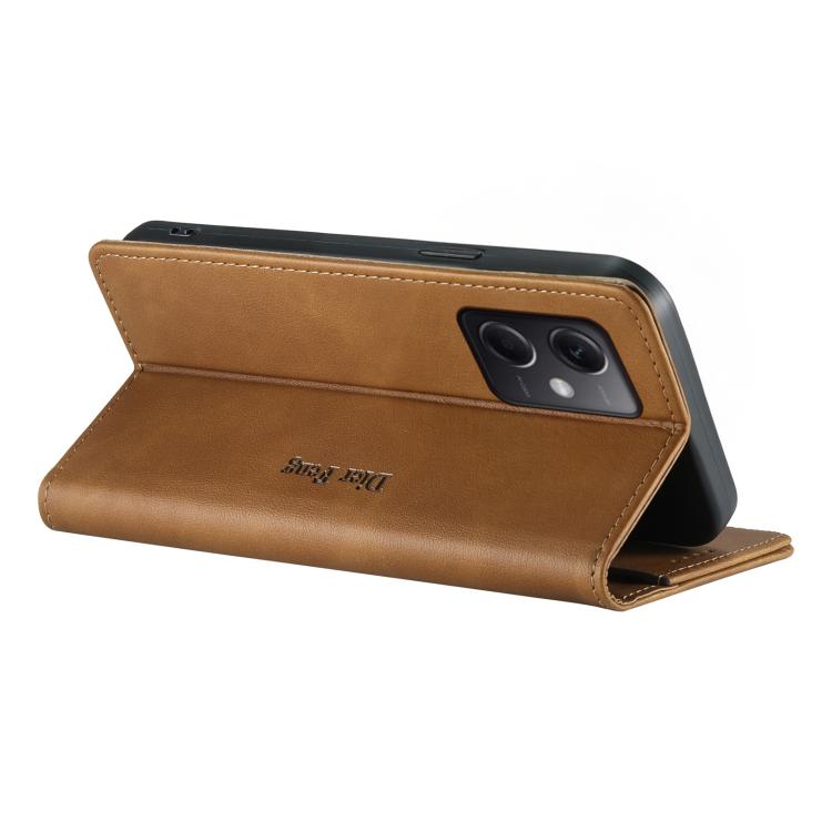 For Redmi Note 12 5G Global / Poco X5 Dierfeng Metal Snap Magnetic RFID Vegan Leather Phone Case