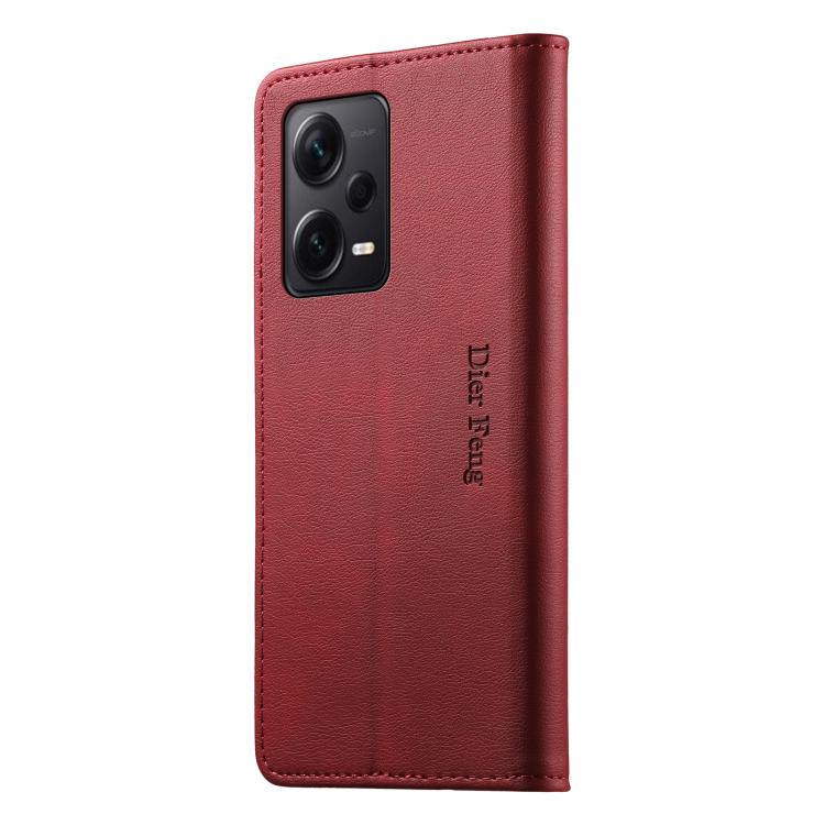 For Redmi Note 12 Pro+ Global Dierfeng Metal Snap Magnetic RFID Vegan Leather Phone Case