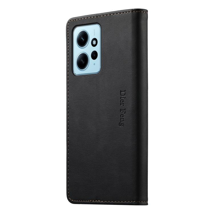 For Redmi Note 12 4G Global Dierfeng Metal Snap Magnetic RFID Vegan Leather Phone Case
