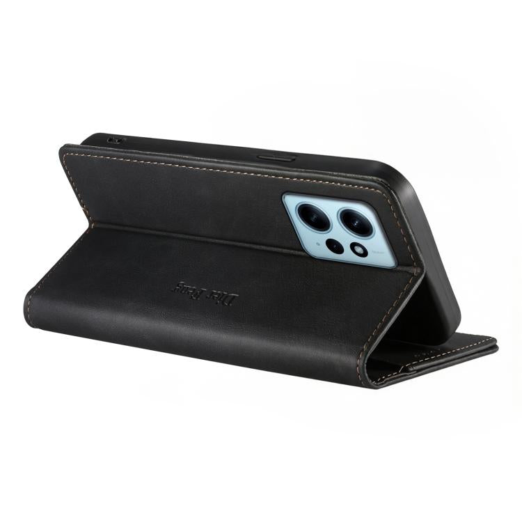 For Redmi Note 12 4G Global Dierfeng Metal Snap Magnetic RFID Vegan Leather Phone Case