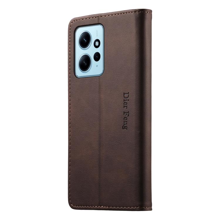 For Redmi Note 12 4G Global Dierfeng Metal Snap Magnetic RFID Vegan Leather Phone Case