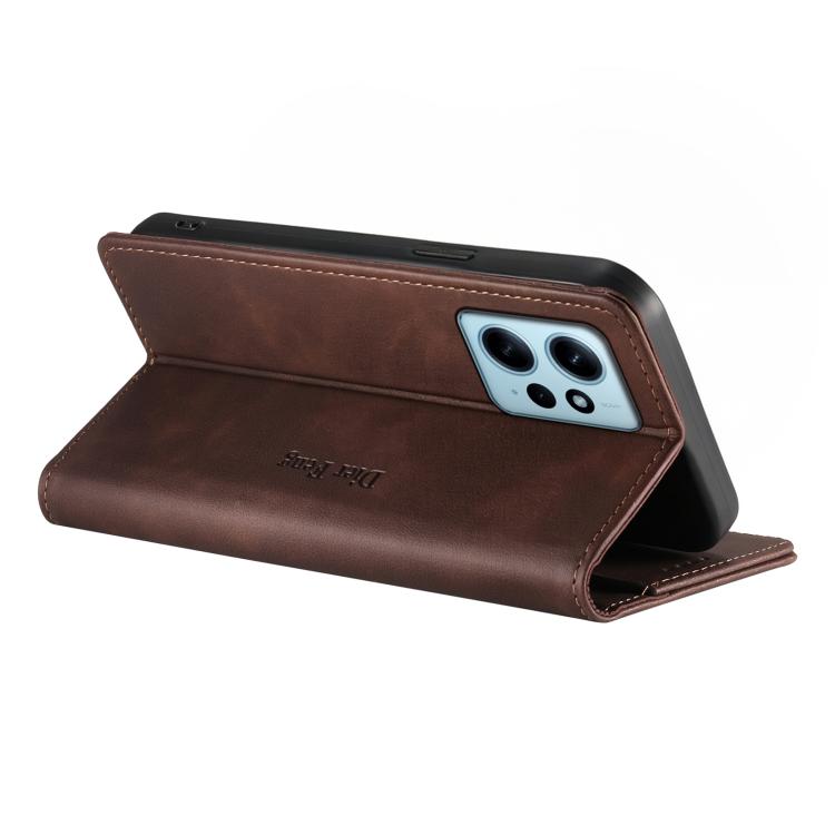 For Redmi Note 12 4G Global Dierfeng Metal Snap Magnetic RFID Vegan Leather Phone Case