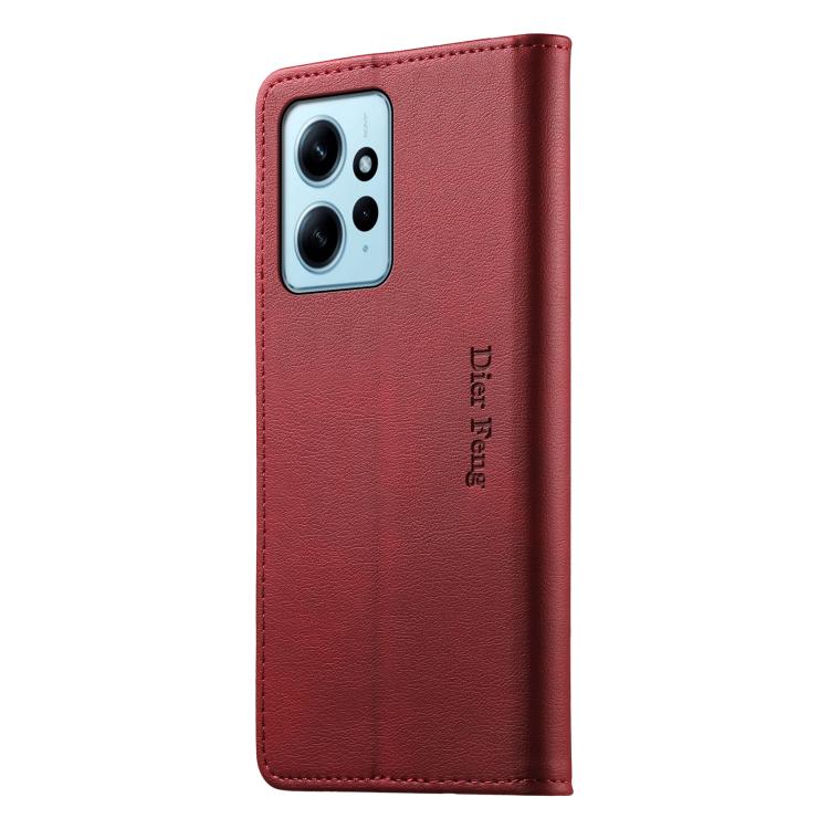 For Redmi Note 12 4G Global Dierfeng Metal Snap Magnetic RFID Vegan Leather Phone Case