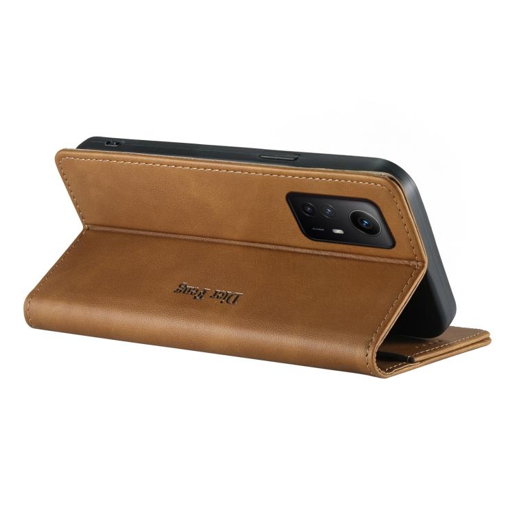 For Redmi Note 12S / Note 11S 4G Dierfeng Metal Snap Magnetic RFID Vegan Leather Phone Case