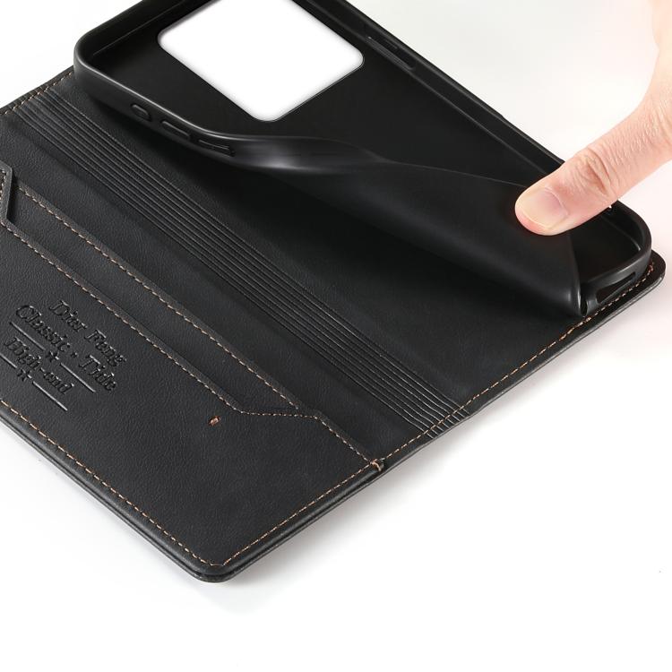 For Redmi Note 13 5G Dierfeng Metal Snap Magnetic RFID Vegan Leather Phone Case
