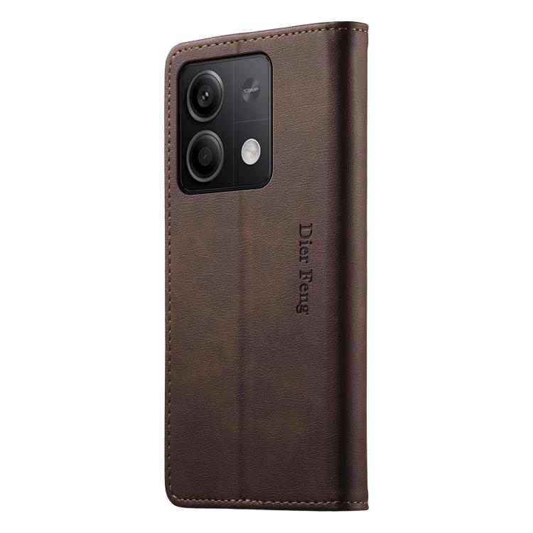 For Redmi Note 13 5G Dierfeng Metal Snap Magnetic RFID Vegan Leather Phone Case
