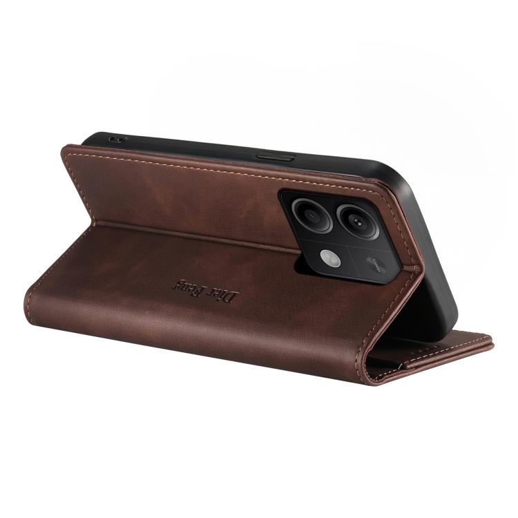For Redmi Note 13 5G Dierfeng Metal Snap Magnetic RFID Vegan Leather Phone Case