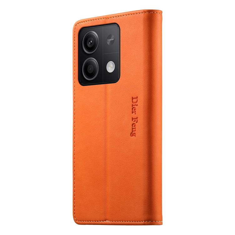 For Redmi Note 13 5G Dierfeng Metal Snap Magnetic RFID Vegan Leather Phone Case