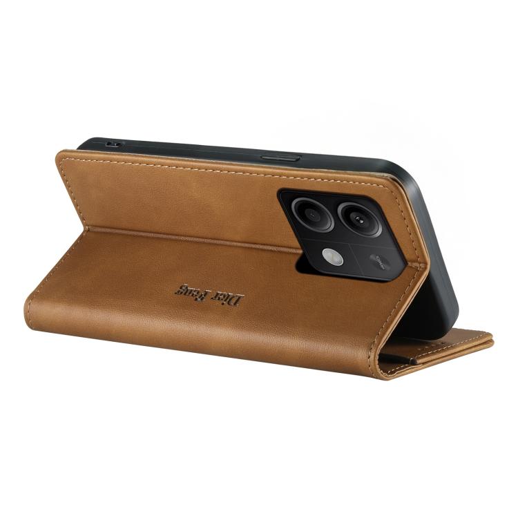 For Redmi Note 13 5G Dierfeng Metal Snap Magnetic RFID Vegan Leather Phone Case