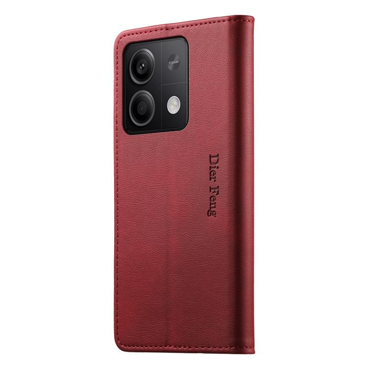 For Redmi Note 13 5G Dierfeng Metal Snap Magnetic RFID Vegan Leather Phone Case