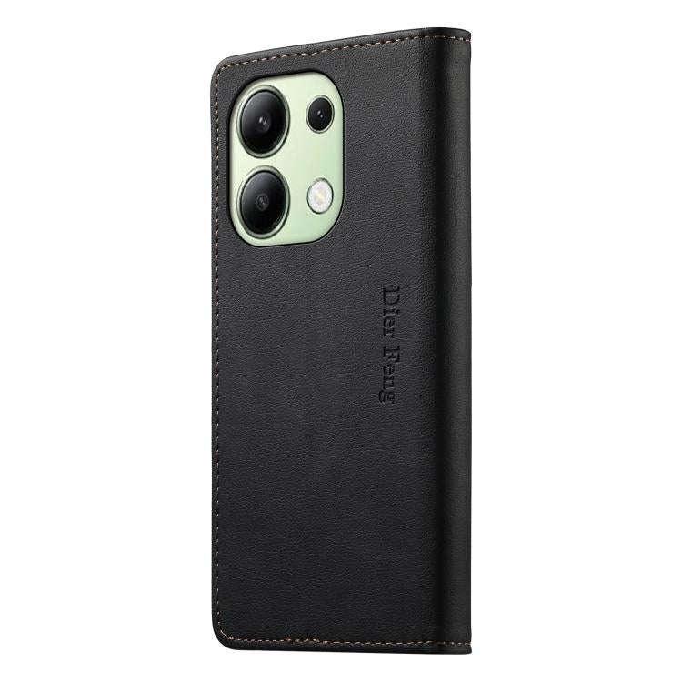 For Redmi Note 13 4G Dierfeng Metal Snap Magnetic RFID Vegan Leather Phone Case