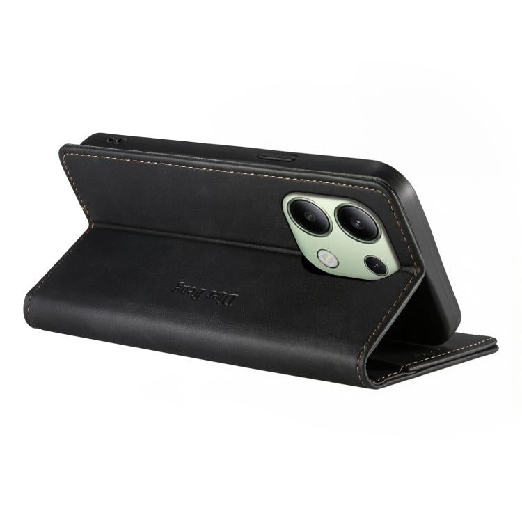 For Redmi Note 13 4G Dierfeng Metal Snap Magnetic RFID Vegan Leather Phone Case