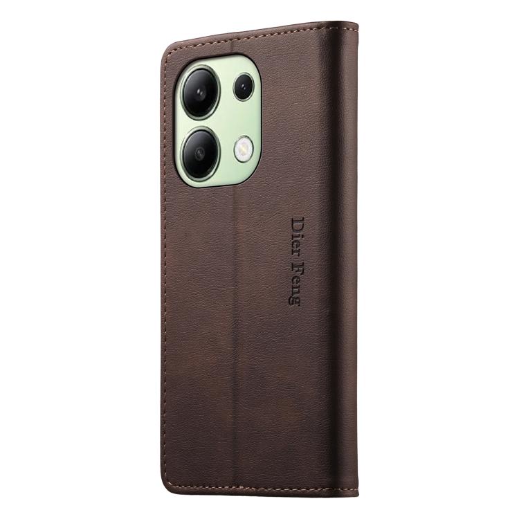 For Redmi Note 13 4G Dierfeng Metal Snap Magnetic RFID Vegan Leather Phone Case