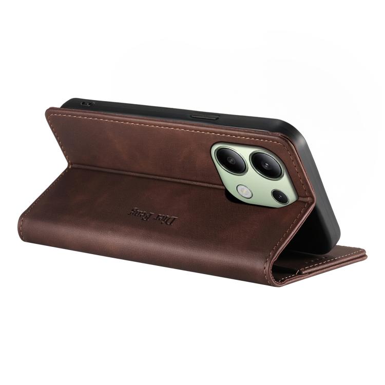 For Redmi Note 13 4G Dierfeng Metal Snap Magnetic RFID Vegan Leather Phone Case