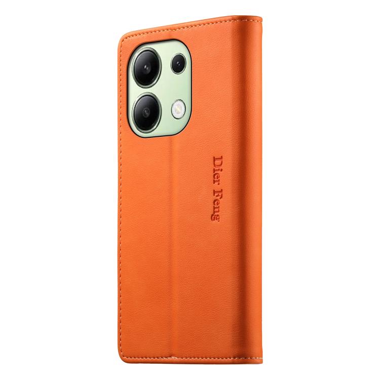 For Redmi Note 13 4G Dierfeng Metal Snap Magnetic RFID Vegan Leather Phone Case