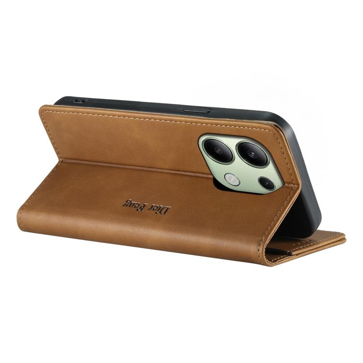 For Redmi Note 13 4G Dierfeng Metal Snap Magnetic RFID Vegan Leather Phone Case