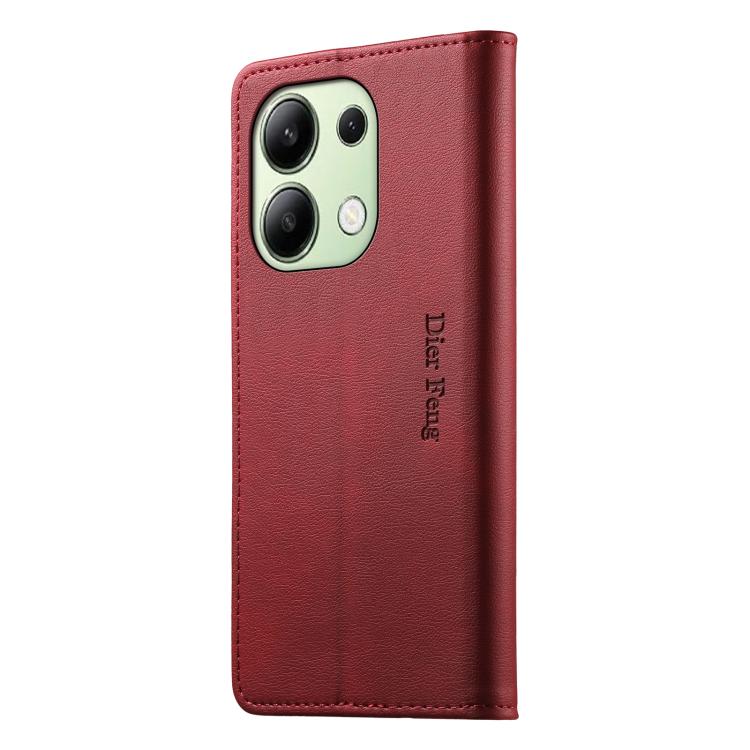 For Redmi Note 13 4G Dierfeng Metal Snap Magnetic RFID Vegan Leather Phone Case