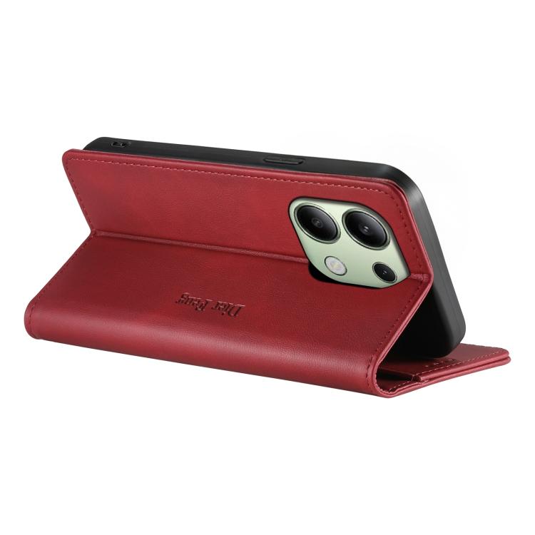 For Redmi Note 13 4G Dierfeng Metal Snap Magnetic RFID Vegan Leather Phone Case