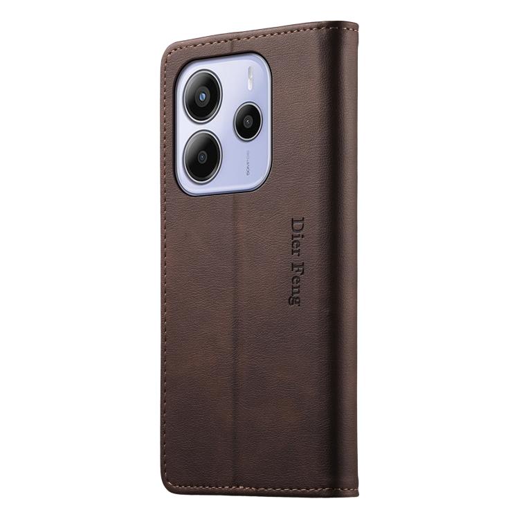 For Redmi Note 14 4G 163.25mm Dierfeng Metal Snap Magnetic RFID Vegan Leather Phone Case