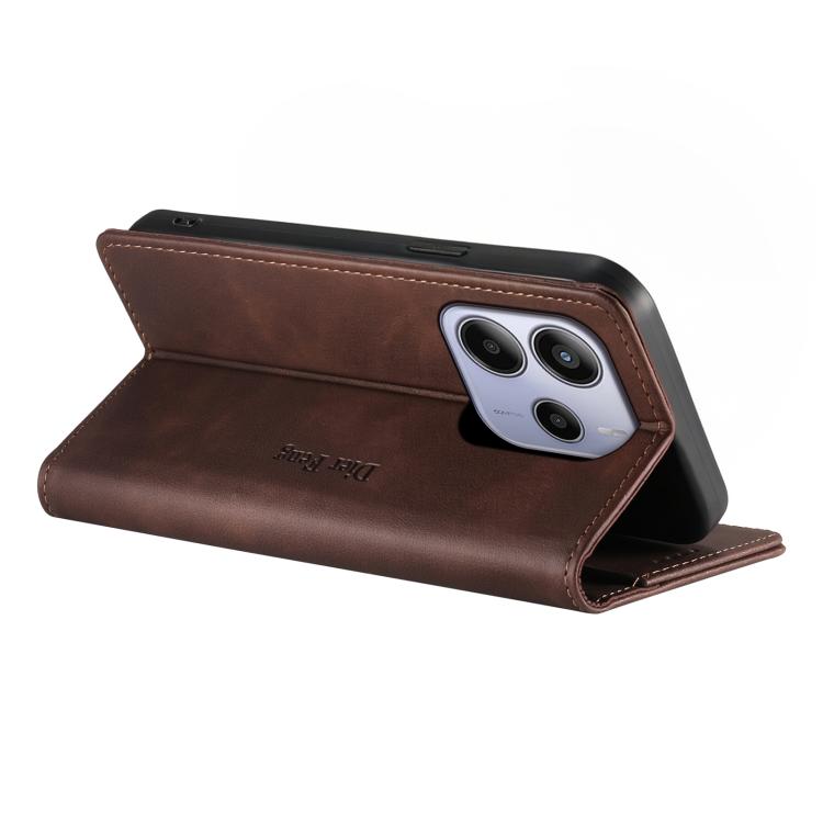 For Redmi Note 14 4G 163.25mm Dierfeng Metal Snap Magnetic RFID Vegan Leather Phone Case