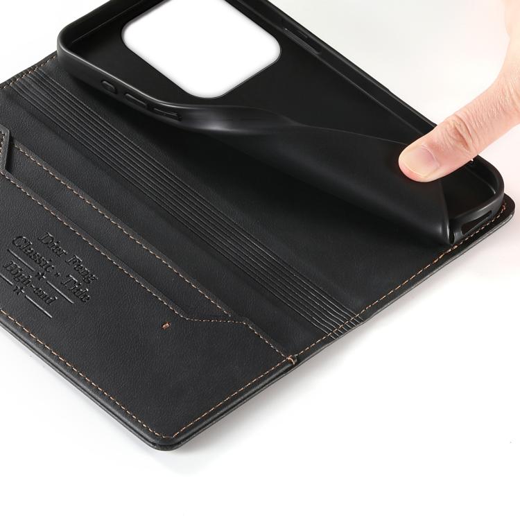 For Redmi Note 14 4G 164.84mm Dierfeng Metal Snap Magnetic RFID Vegan Leather Phone Case