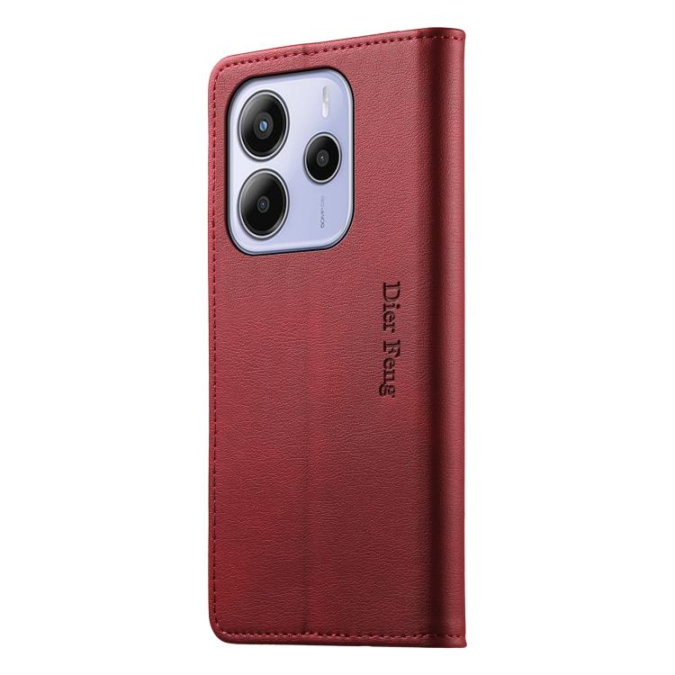 For Redmi Note 14 4G 164.84mm Dierfeng Metal Snap Magnetic RFID Vegan Leather Phone Case
