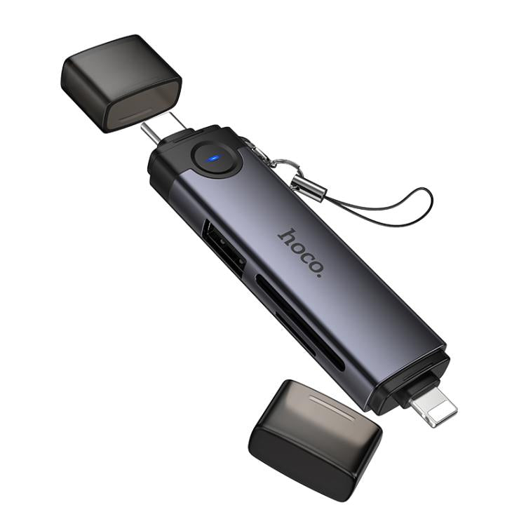 hoco HB56B Victory USB-C / Type-C and 8 Pin to SD, TF, USB2.0 Portable 3 in 1 Card Reader - Metal Grey