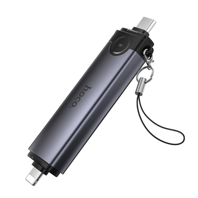 hoco HB56B Victory USB-C / Type-C and 8 Pin to SD, TF, USB2.0 Portable 3 in 1 Card Reader - Metal Grey