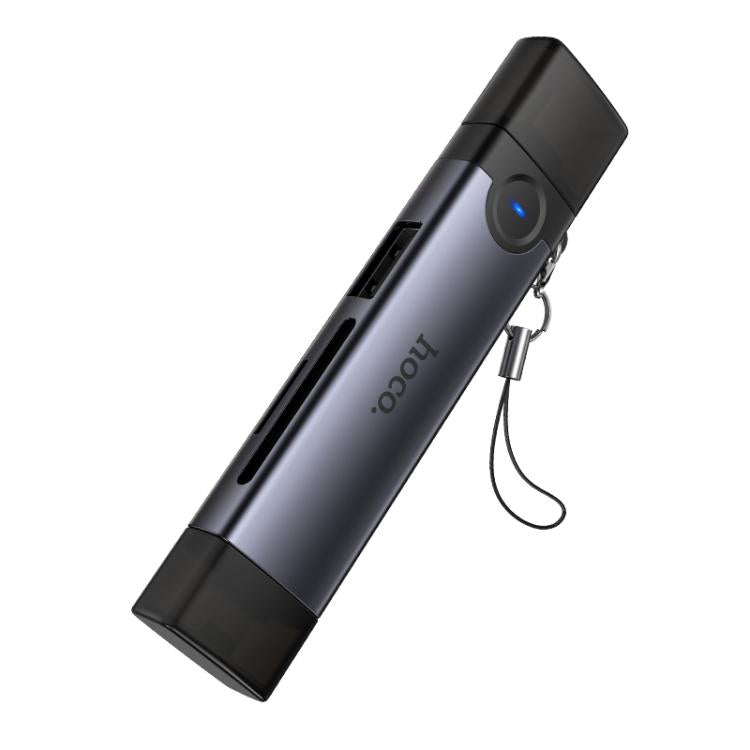 hoco HB56B Victory USB-C / Type-C and 8 Pin to SD, TF, USB2.0 Portable 3 in 1 Card Reader - Metal Grey