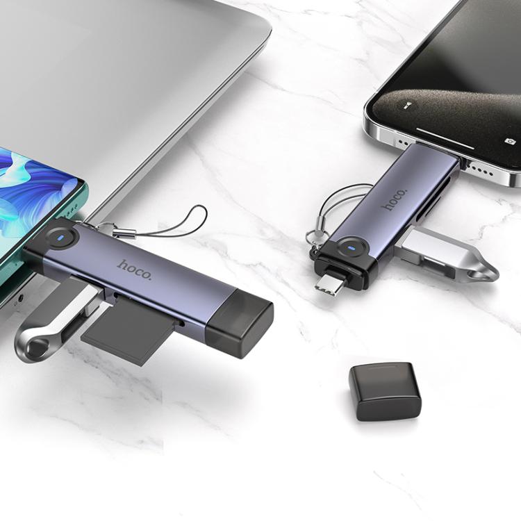 hoco HB56B Victory USB-C / Type-C and 8 Pin to SD, TF, USB2.0 Portable 3 in 1 Card Reader - Metal Grey