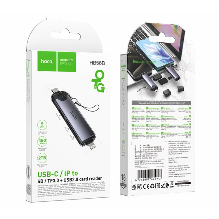 hoco HB56B Victory USB-C / Type-C and 8 Pin to SD, TF, USB2.0 Portable 3 in 1 Card Reader - Metal Grey
