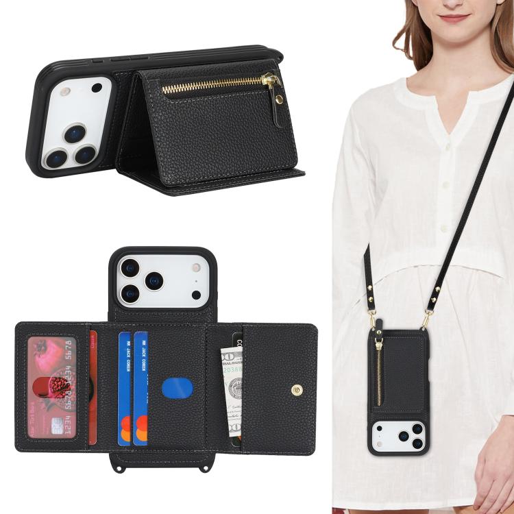 For iPhone 17 Pro Max Crossbody Zipper Wallet Ring Holder Litchi Leather Phone Case
