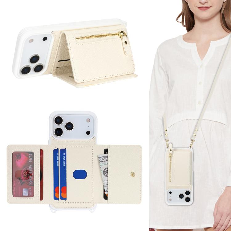 For iPhone 17 Pro Max Crossbody Zipper Wallet Ring Holder Litchi Leather Phone Case