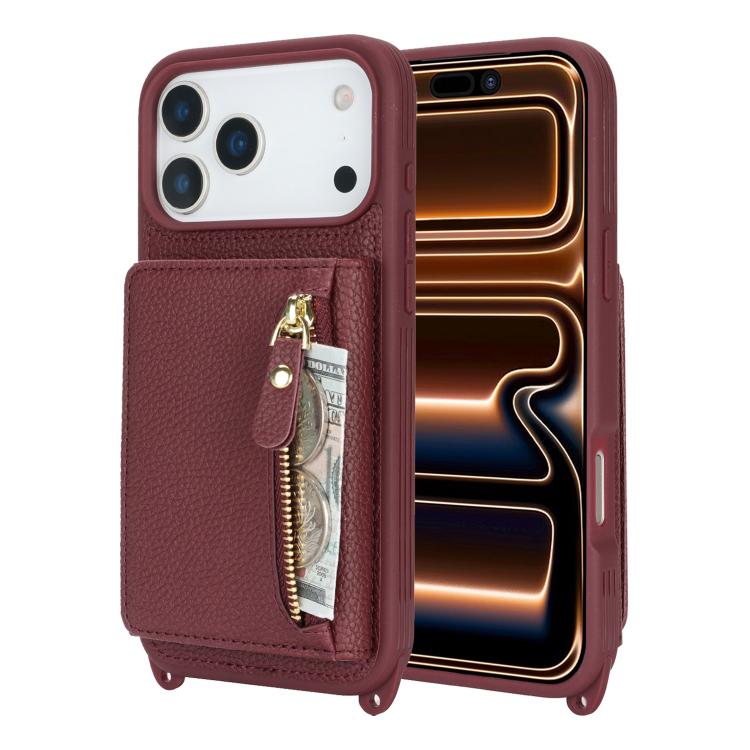 For iPhone 17 Pro Max Crossbody Zipper Wallet Ring Holder Litchi Leather Phone Case