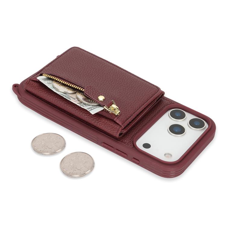 For iPhone 17 Pro Max Crossbody Zipper Wallet Ring Holder Litchi Leather Phone Case