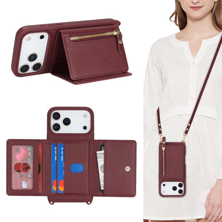 For iPhone 17 Pro Max Crossbody Zipper Wallet Ring Holder Litchi Leather Phone Case
