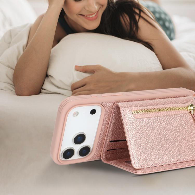 For iPhone 17 Pro Max Crossbody Zipper Wallet Ring Holder Litchi Leather Phone Case