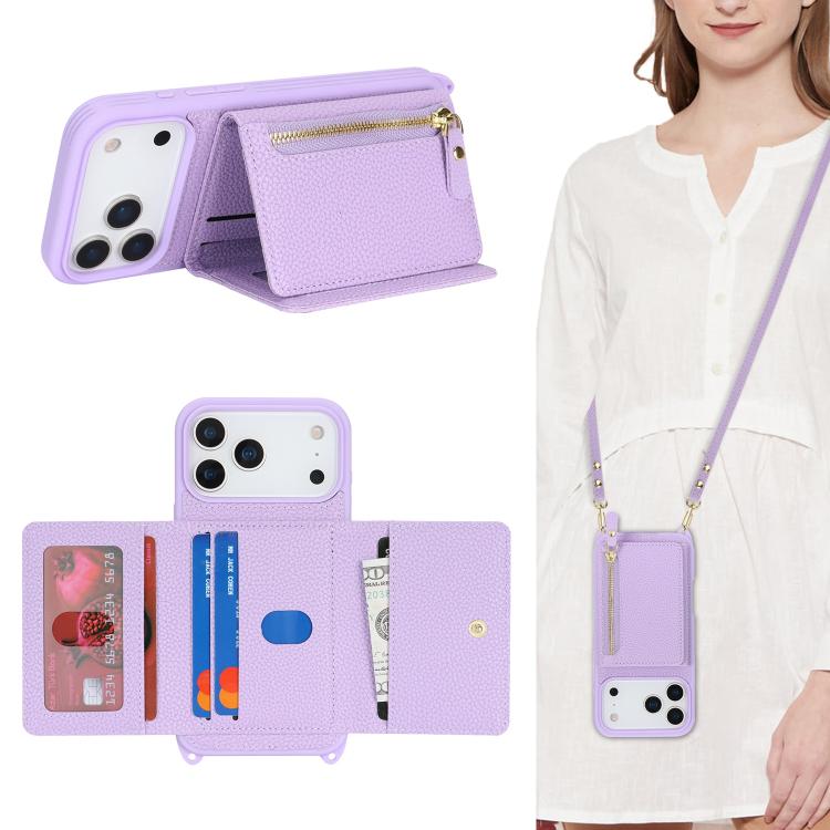 For iPhone 17 Pro Max Crossbody Zipper Wallet Ring Holder Litchi Leather Phone Case