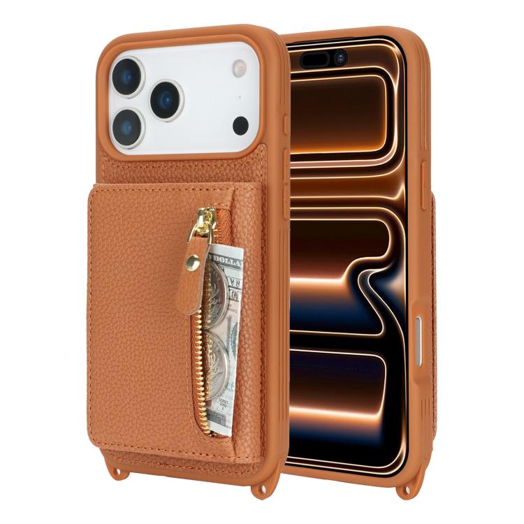 For iPhone 17 Pro Max Crossbody Zipper Wallet Ring Holder Litchi Leather Phone Case