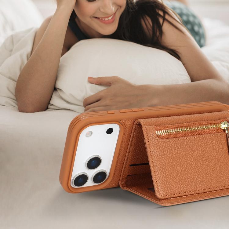 For iPhone 17 Pro Max Crossbody Zipper Wallet Ring Holder Litchi Leather Phone Case