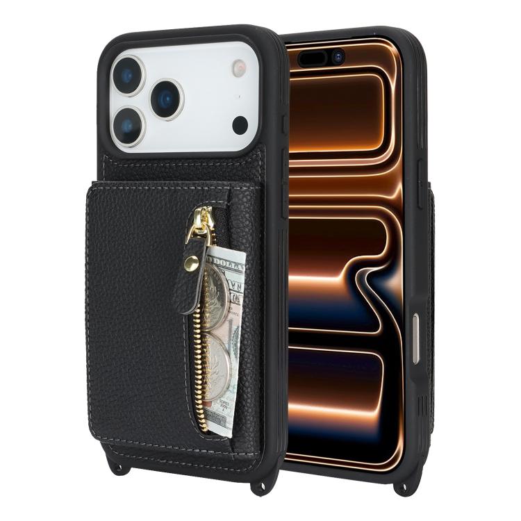 For iPhone 17 Pro Crossbody Zipper Wallet Ring Holder Litchi Leather Phone Case