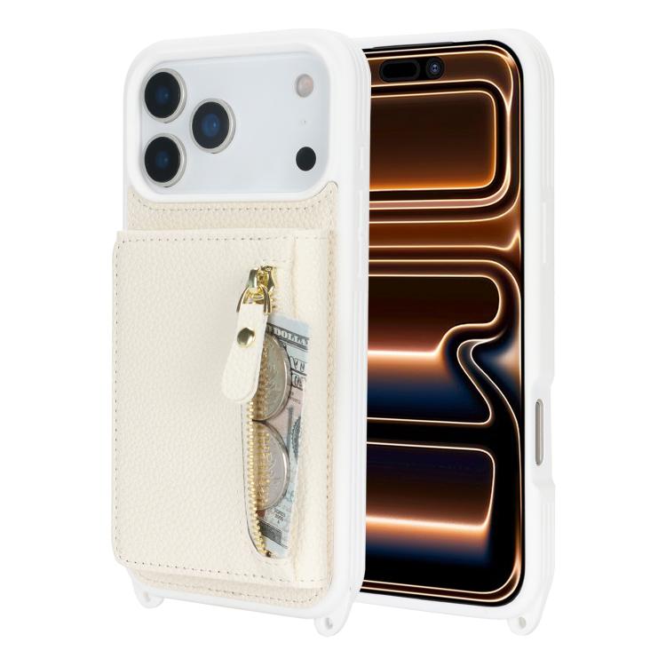 For iPhone 17 Pro Crossbody Zipper Wallet Ring Holder Litchi Leather Phone Case