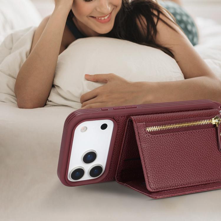 For iPhone 17 Pro Crossbody Zipper Wallet Ring Holder Litchi Leather Phone Case