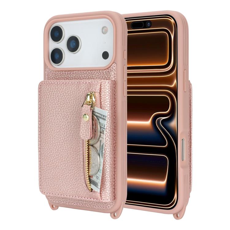 For iPhone 17 Pro Crossbody Zipper Wallet Ring Holder Litchi Leather Phone Case