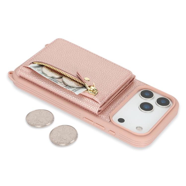 For iPhone 17 Pro Crossbody Zipper Wallet Ring Holder Litchi Leather Phone Case