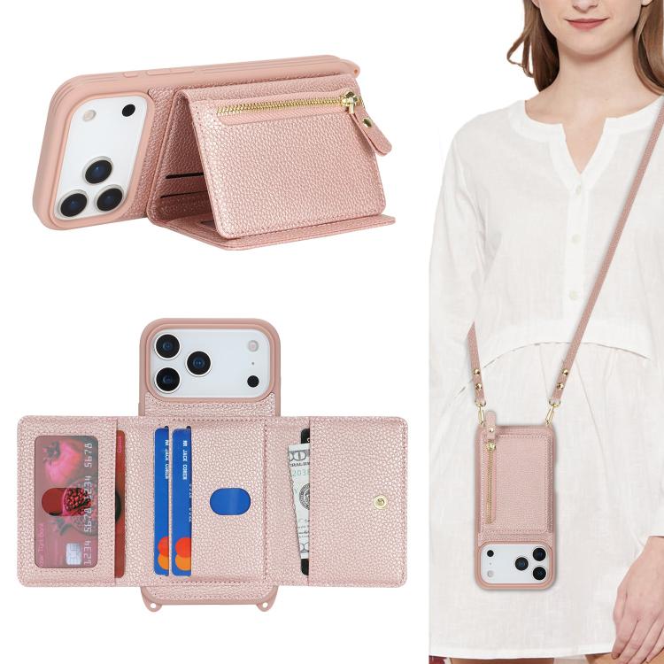 For iPhone 17 Pro Crossbody Zipper Wallet Ring Holder Litchi Leather Phone Case