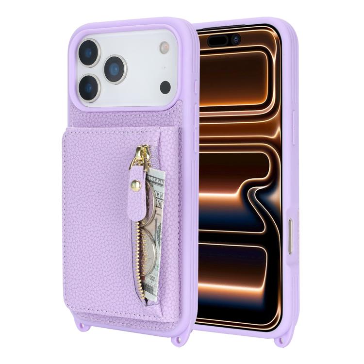 For iPhone 17 Pro Crossbody Zipper Wallet Ring Holder Litchi Leather Phone Case